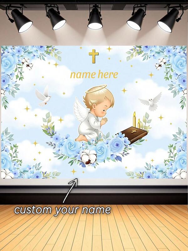 1pc Custom Name Baptism Photography Backdrops Customized Text My First God Bless Chalice Photo Background Personalised Peace Birds Golden Cross Angel Watercolor Colorful Leaves Flowers Party Banner Newborn Birthday Show Decoration Supplies He Him Her Sons Daughters Men Women Boyfriend Girlfriend Dad Mom Gifts High-Quality HD Printing Soft Polyester Fabric
