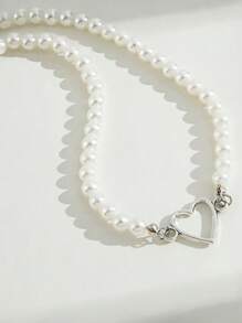 1pc Summer Indie Pearl Heart Necklace, Cute & Stylish Beaded Necklace For Girls