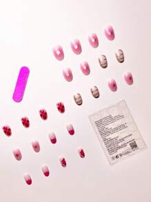 Set de 24 uñas postizas con diseño floral rosa, lunares y líneas doradas, aptas para uso diario de damas y niñas, incluye 1 pieza de pegamento de gel y 1 pieza de lima de uñas