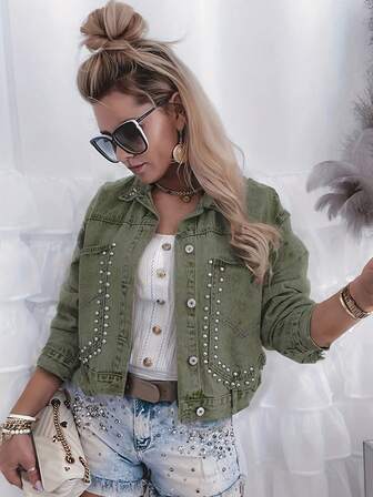 Standardstorlek dambroderad, pärlmönstrad överdimensionerad lös passform långärmad icke-stretchig färgad jeansjacka