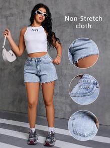 女士休闲浅色水洗牛仔短裤，毛边裤脚，带口袋，无弹力梭织面料，直筒短裤款式，夏季