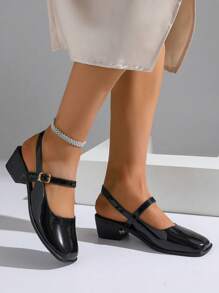 2025 Women's Fashion Light Gold Mirror Metallic Mary Jane Shoes, Suitable For Commuting, Dating, Party, Holiday, Spring Season Shoes, Spring Holiday Easter Simple Lace-Up Flats, New Crystal Date High-End Fashion Solid Color High Heel Sandals, Plus Size Women Shoes - Black - View 4