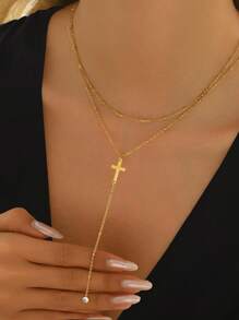 1pc Cross Gold Bead Pearl Necklace For Women,Faux Pearl Chain 14k Gold Plated Stainless Steel Gold Bead Chain Cross Long Collarbone Necklace Faith Necklace Christian Gifts, Friendship Gifts, Mama Gifts, Christmas Gifts, Faith Gifts,Jewelry Gifts