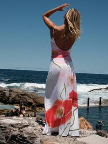Women Backless Floral Maxi Dress For Beach Vacation - White - View 5