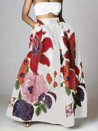 圣诞新年秋冬新款艺术印花半身裙，高腰蓬蓬裙，浅紫色缎面材质，修身显瘦长款设计，适合宴会、派对及日常穿着。设计以丰富的图案和醒目的色彩对比为特色；凭借其独特的印花和出色的剪裁，它将成为您衣橱中的亮点，提升您的时尚品味，助您在人群中轻松脱颖而出。