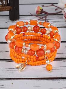 4pcs Bohemian Style Orange Millet Pearl Beaded Bracelet Set, Suitable For Daily Wear For Women