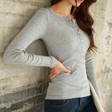 Otoño botón de hilo de color sólido camiseta de manga larga de las mujeres Slim nueva blusa camisa de fondo fuera de la marea de desgaste - Gris - Ver 2