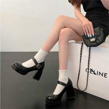 Women Loafers Shoes - 黑色圓頭粗帶[9cm] - 查看 4