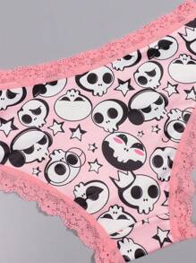 Morvia 10 stuks Sexy Roze Contrasterende Kanten Versieringen Gothic Chic Low-Rise Bikini's, Allover Bugs & Spiders & Skull & Bats & Pumpkins Print, Comfortabele Hipster Slipjes Voor Vrouwen - Halloween Lingerie & Ondergoed