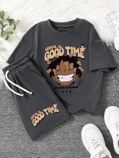 Tween Boy Cartoon Print Round Neck Short Sleeve T-Shirt And Shorts Set