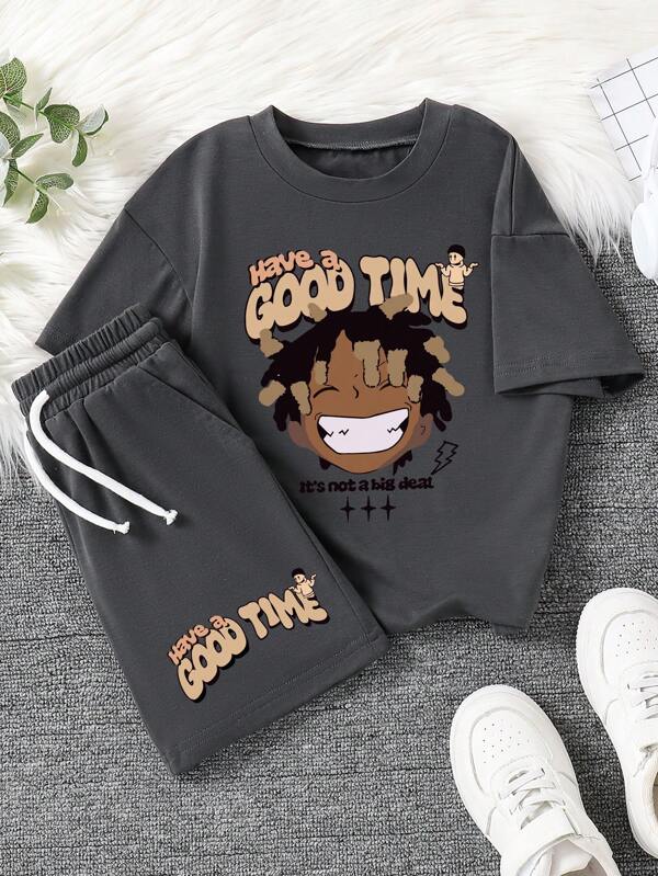 Tween Boy Cartoon Print Round Neck Short Sleeve T-Shirt And Shorts Set