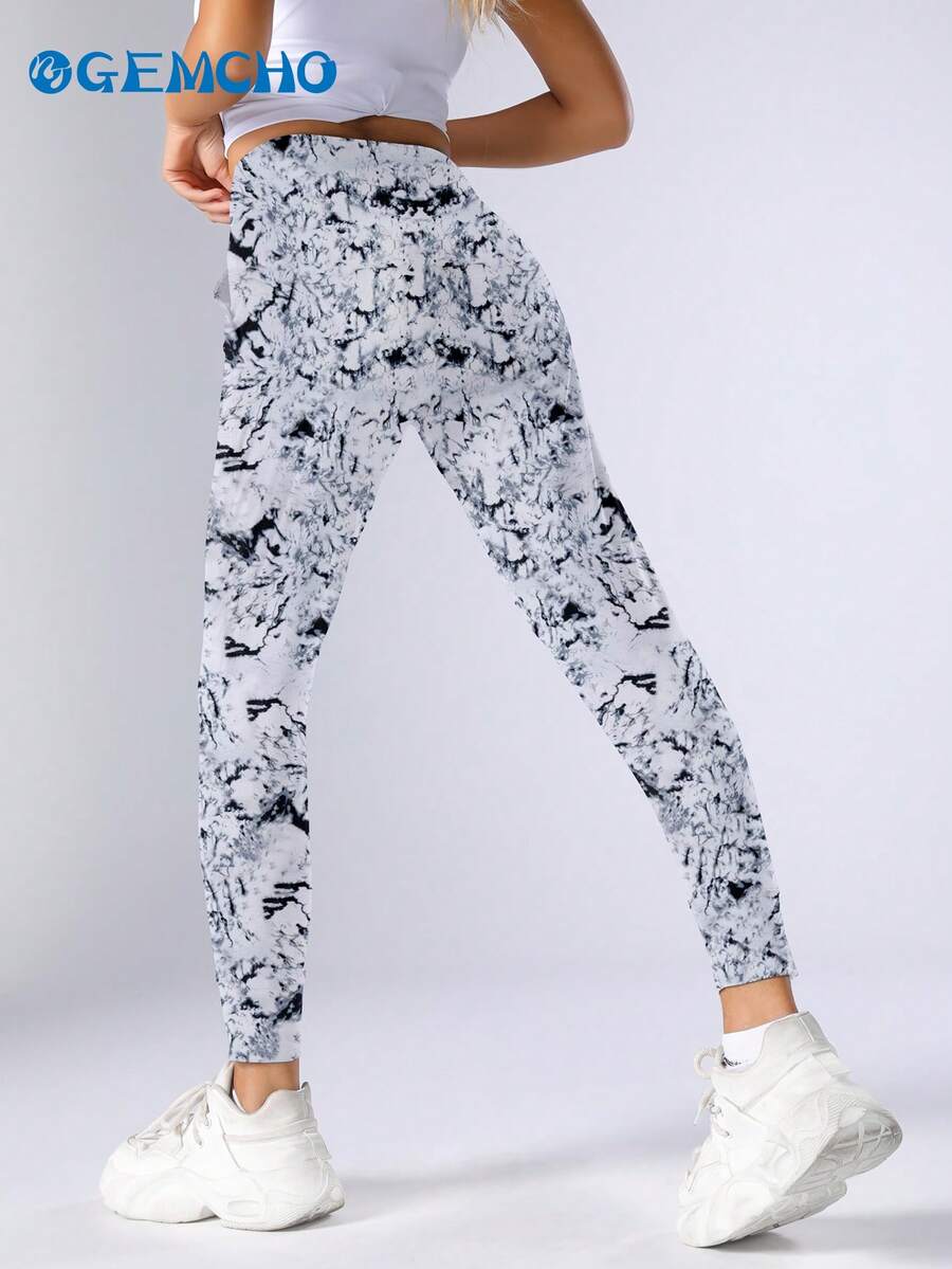 GEMCHO Quần jogger nữ cạp cao, họa tiết đá cẩm thạch, dáng rộng, nhẹ và thoáng khí, phù hợp cho tập thể dục, yoga và chạy bộ mùa xuân.