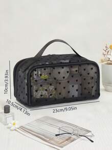 1pc Women Classic Mesh Heart Shaped Cosmetic Bag, Large Capacity Makeup Organizer Bag, Fashion Travel Toiletry Bag Suitable For Work, School & Travel