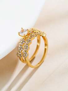 礼盒套装，奢华金戒指，全方晶锆石镶嵌，纯铜仿钻首饰，适合女性婚礼和节日礼物 - 金色 - 查看 2