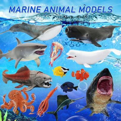 大型逼真实心 PVC 塑料海洋动物模型 - 鲨鱼、史前海洋生物、巨齿鲨、鲸鱼雕像、装饰品、玩具、节日礼物