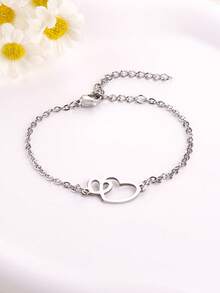 1 Pc Mother's Day/Valentine's Day Gift Stainless Steel Double Heart Minimalist Bracelet For Women - Bracelet - View 1
