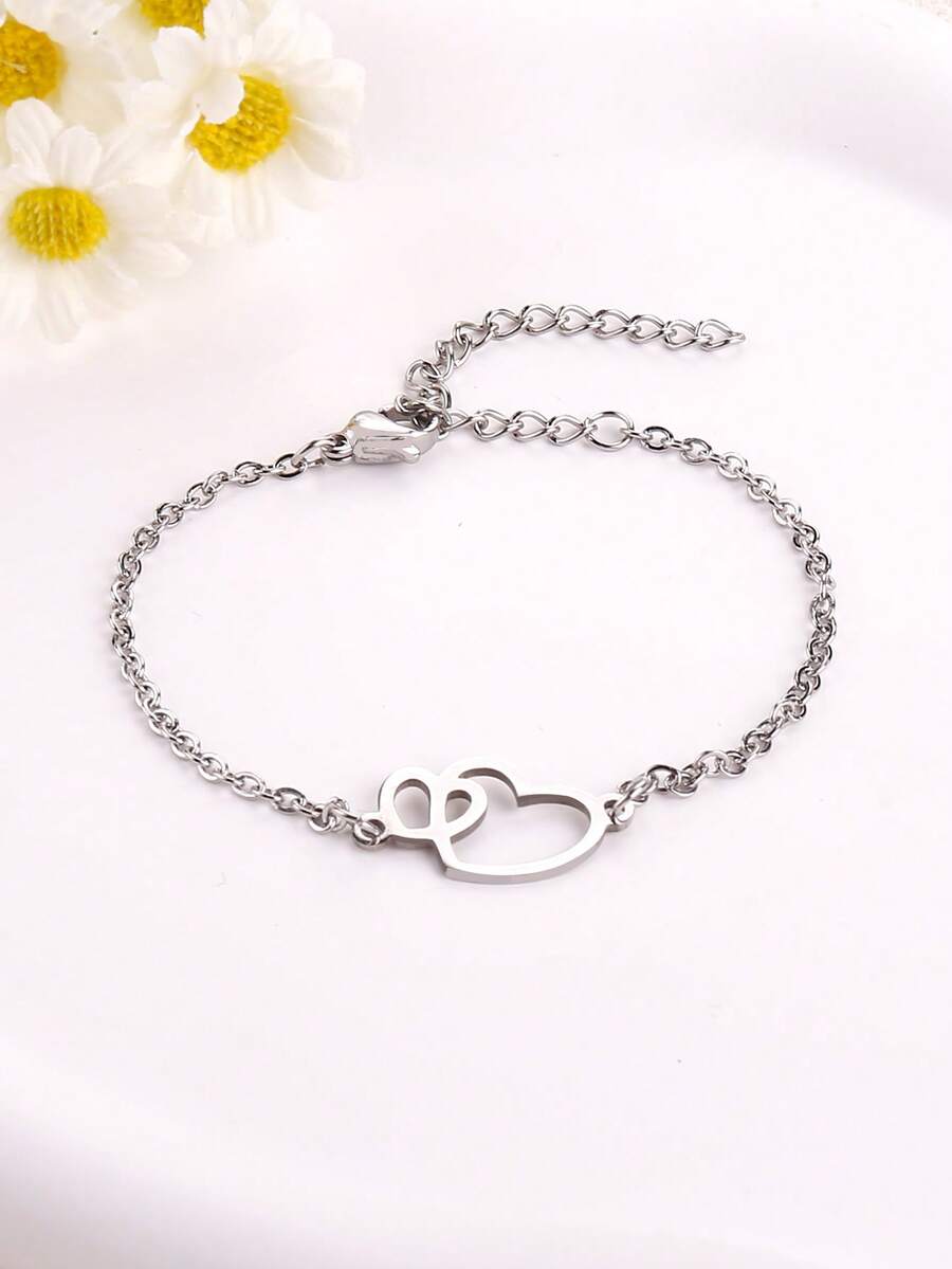 1 Pc Mother's Day/Valentine's Day Gift Stainless Steel Double Heart Minimalist Bracelet For Women - Bracelet - View 1