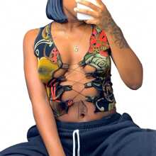 Women's Punk Gothic Crop Tank Top Sexy Sleeveless Hollow Out Lace Up Floral Print Slim T-Shirt Aesthetic Grunge Streetwear - Black - View 2