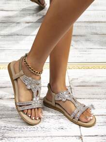 女士花卉水钻平底凉鞋，波西米亚风格，松紧带露趾，休闲夏季沙滩鞋，适合海滩音乐节 - 杏色 - 查看 3