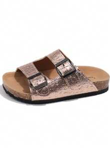 1 双时尚厚底拖鞋，男女通用儿童夏季凉鞋，复古双扣设计，休闲舒适沙滩鞋，防滑耐用，适合户外活动，适合搭配牛仔裤，多种颜色可选 - 香檳色 - 查看 5