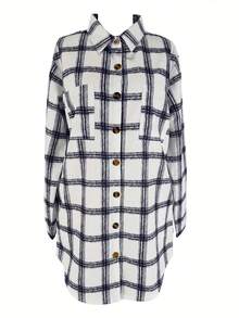 女式加长格子印花翻领长袖口袋宽松长衬衫