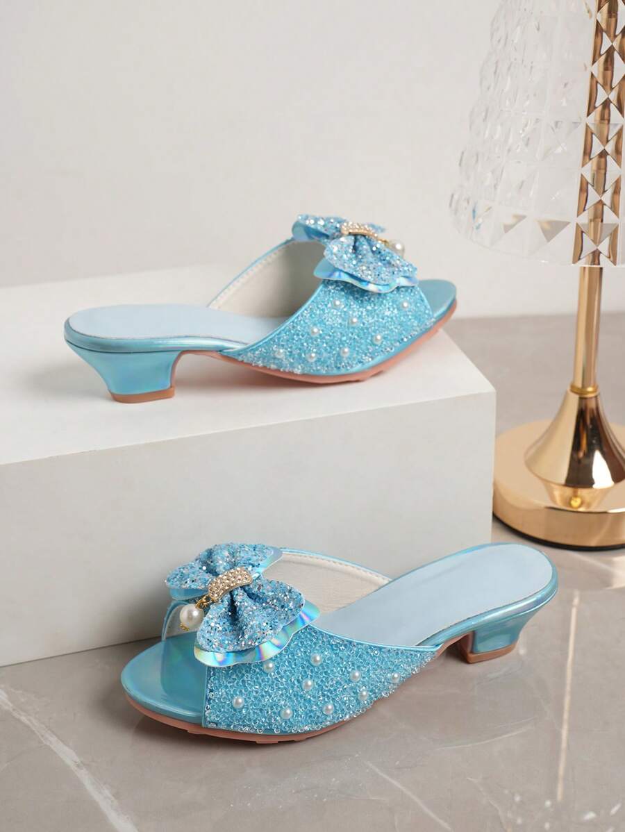 1 Pair Girls Sparkling Bowknot Fashion High Heel Sandals, Suitable For Summer