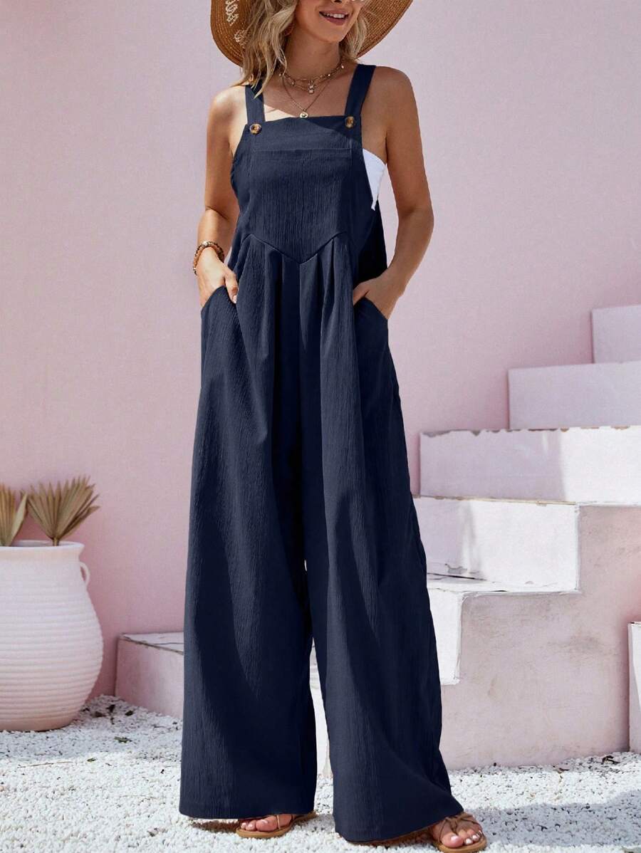 Mono de pierna ancha, casual de vacaciones, de unicolor con botones y tirantes - Azul Marino - Ver 1