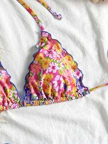 Women's Cute Floral Lace Ruffle Bikini 2 Pieces Set, Suitable For Summer Island Vacation Swimming - Multicolor - View 3