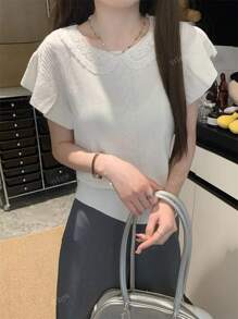Maglietta girocollo a maniche corte in maglia con inserti in pizzo, per donne di taglia piccola, colore giallo, adatta per l'estate