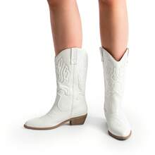 Women's Cowboy Boots Waterproof Mid Calf Boots, Comfy And Fashionable Cowgirl Boots Embroidery Stitched Western Boots For Party And Dress Up - White - View 10