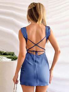 WOWDARK Women Autumn Satin Backless Tie Strap Mini Dress - Blue - View 6