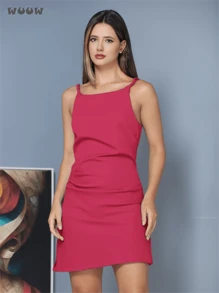 WUUW Women's Fashion Dress, Solid Color Cropped Short Skirt, New Top, Adjustable Party Midi Skirt - 玫紅色 - 查看 1