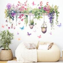 Removable Watercolor Hanging Potted Wall Stickers Flower Pots Wall Decals Colorful Plants Wall Sticker Floral Pendant Wall Decal Art Murals For Classroom Office Living Room Girl Bedroom Personalised Stickers