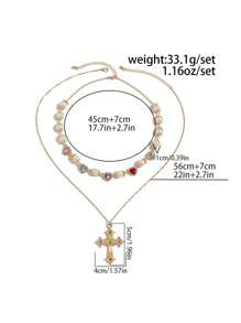 4pcs Classic Luxury Minimalist Multi-Color Crystal & Faux Pearl Necklace, Men's Fashion Personalized Cross Jewelry, Adjustable