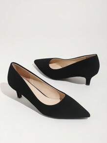 Women's Pointed Toe Low Vamp Slim Stiletto Mid-Heel Shoes, Simple French Style Mid-Heels, Comfortable Commute & Work High Heels, Elegant For Social Occasions, Versatile Black High Heels For Outdoor - Black - View 8