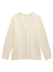 Women's Simple Solid Color Fitted Knit Jacket, Custom Hem - Apricot - View 5