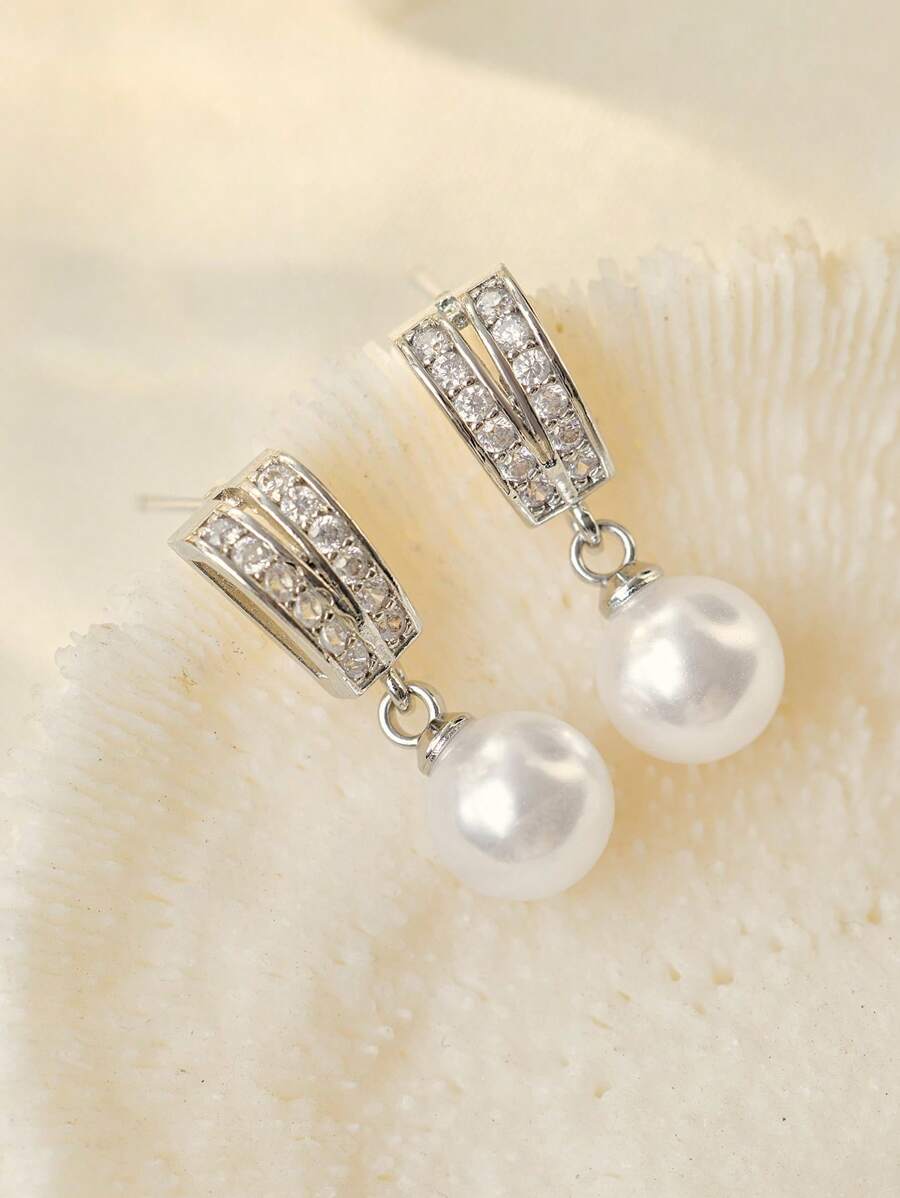 Cubic Zirconia Decor Faux Pearl Drop Earrings Winter Gifts - Silver - View 1