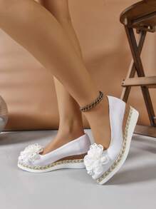 女士纯色尖头休闲欧美风格大花坡跟厚底高跟鞋