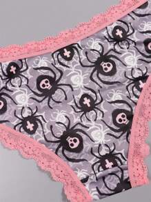Morvia 10 stuks Sexy Roze Contrasterende Kanten Versieringen Gothic Chic Low-Rise Bikini's, Allover Bugs & Spiders & Skull & Bats & Pumpkins Print, Comfortabele Hipster Slipjes Voor Vrouwen - Halloween Lingerie & Ondergoed