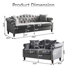 YOGLAD Modern Chesterfield Velvet Sofa, 2-Seater Sofa And 3-Seater Sofa With Curved Backrest Rolled Arm, Upholstered Tufted Backrests With Nailhead Arms And 2 Cushions For Living Room, Bedroom, Apartment, Office, Gray - 灰色 - 查看 2