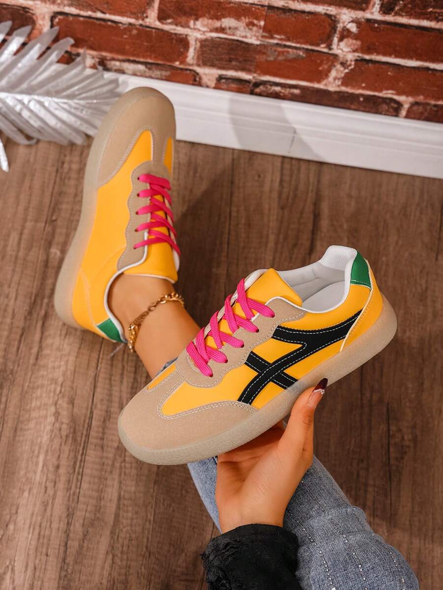 Damen Lässig Outdoor Sportschuhe, flacher, niedriger Absatz, modische Farbblockung, Athletische Sneakers - Gelb - Übersicht 1