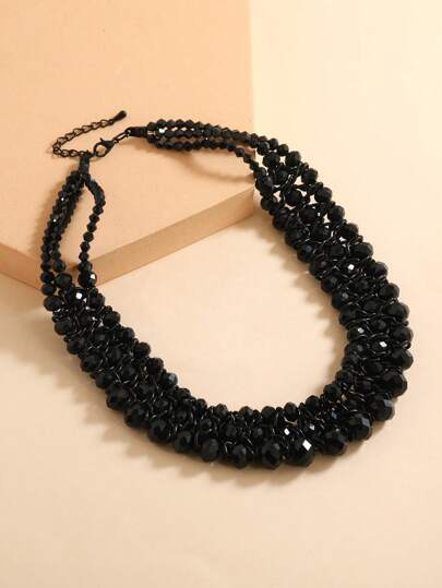 1pc Black Aluminum Braided Crystal Classic Elegant 3-Row Bib Necklace For Women, Versatile Accessory Suitable For Parties, Holidays, Gift