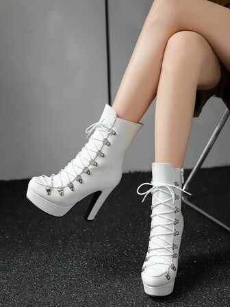 Fall/Winter [Solid Color Combat Boots] Sexy Super High Chunky Heel Combat Boots, Waterproof Platform Thick Sole, Round Toe Lace-Up Design, Zipper Closure, Fabric Lining, Rubber Outsole, Solid Color Fashionable Style Suitable For All Seasons,Party