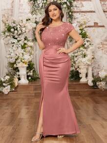 亮片花卉蕾丝撞色荷叶边开衩高开衩缎面正式晚礼服，新年礼服，优雅舞会礼服，婚礼宾客礼服，适合生日、毕业典礼、晚宴、返校节等场合 - 藕粉色 - 查看 9