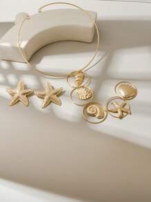 2pcs/Set Fashion Personalized Seaside Holiday Marine Style Starfish/Conch/Shell Pendant Necklace And Earring Set, Suitable For Daily Wear, Holiday Party, Beach Vacation - Yellow Gold - View 6