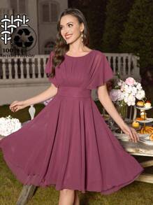 UNITHORSE Women's Round Neck Ruffle Sleeve Ruched Ruched Waist Slim-Fit Backless Elegant Dress Bridesmaid Dress - Red Violet - View 2