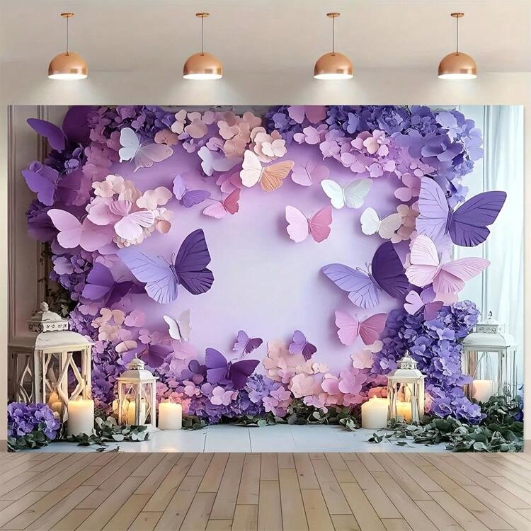 1개 우아한 퍼플 나비와 핑크 나비 배경 배너 - 생일 파티, 실내외 장식, 정원 장식, 웨딩에 적합한 다양한 크기의 폴리에스터 소재, 전기 불필요 - 멀티컬러 - 보기 6