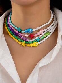 1pc Handmade Summer Ceramic Fish & Starfish Colorblock Boho Beaded Necklace, Vacation Style Bohemian Jewelry For Women - Multicolor - View 1