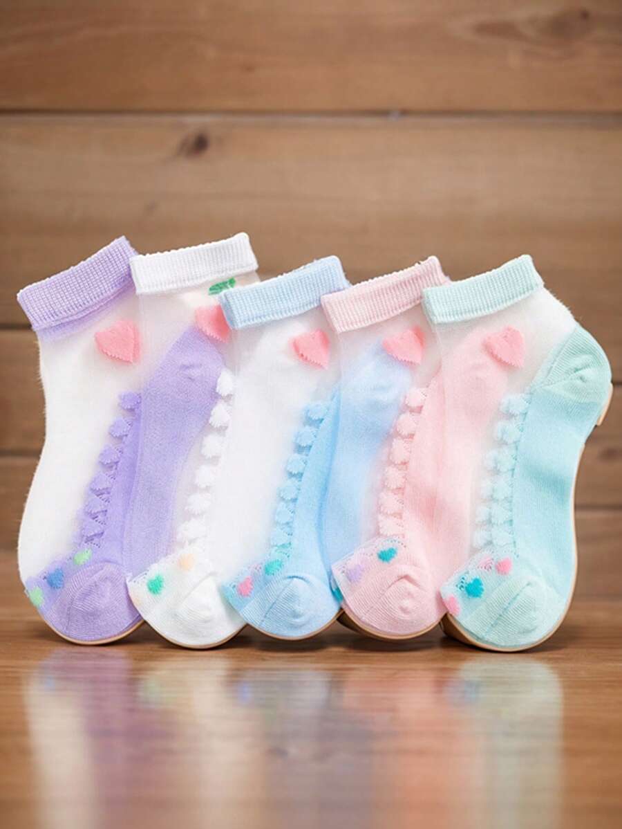 5 pares de calcetines tipo tobillera para niña con corazones, malla transpirable y fibra de vidrio - Multicolor - Ver 1