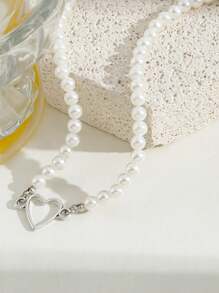 1pc Summer Indie Pearl Heart Necklace, Cute & Stylish Beaded Necklace For Girls